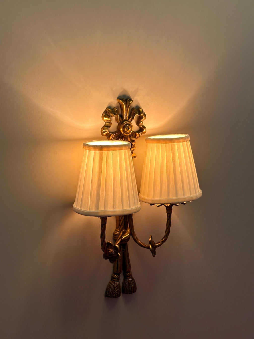 Avenda Brass Wall Sconce Double Arm Vintage Luxury Fabric Shade Light