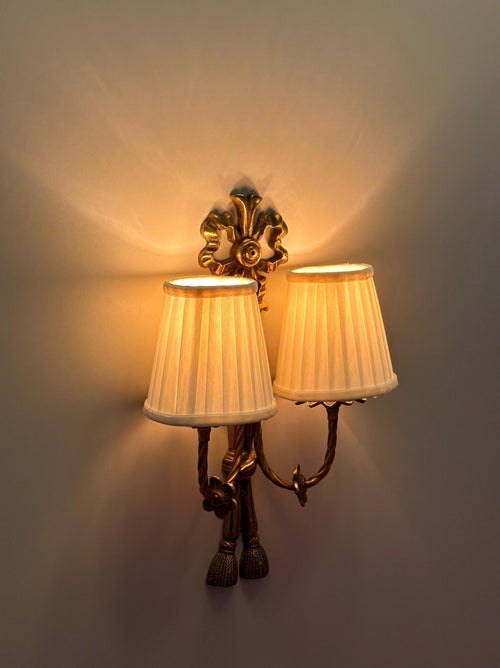 Avenda Brass Wall Sconce Double Arm Vintage Luxury Fabric Shade Light