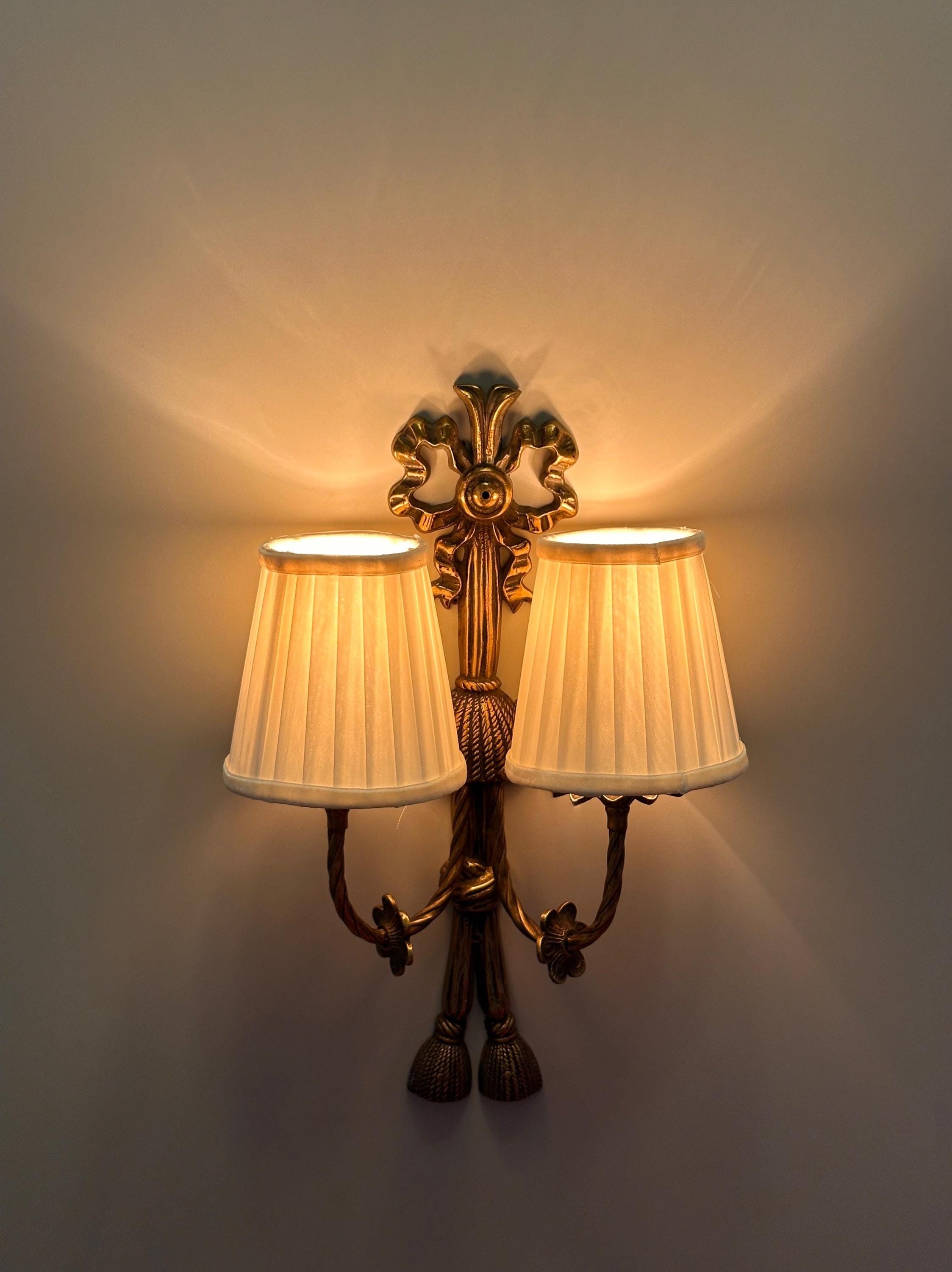 Avenda Brass Wall Sconce Double Arm Vintage Luxury Fabric Shade Light