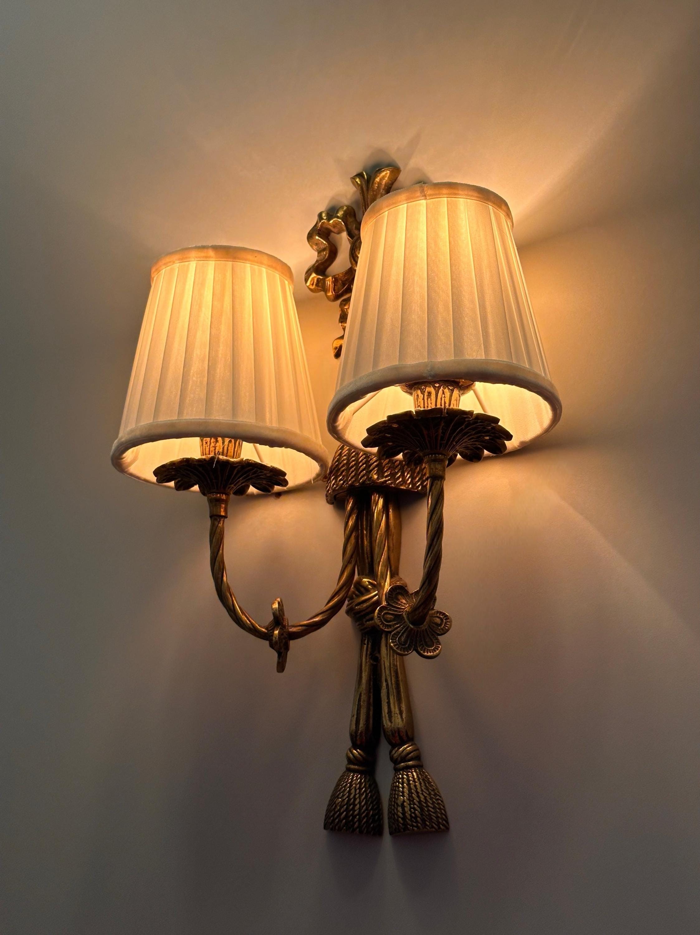 Avenda Brass Wall Sconce Double Arm Vintage Luxury Fabric Shade Light